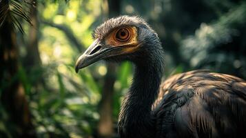 Bird with a yellow beak and a black body is standing in a forest. The bird is looking at the camera photo