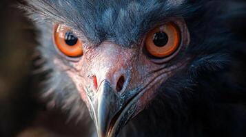 Close up of a bird's face with a red eye. The bird's face is black and orange photo