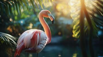 Flamingo stands in a lush green forest. The bird is pink and white, with a long neck and legs. The scene is serene and peaceful, with the bird standing in the water photo