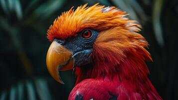 Colorful bird with a red head and orange feathers. The bird is looking directly at the camera photo