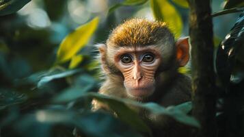 Baby monkey is sitting in the leaves of a tree. The monkey is looking at the camera photo