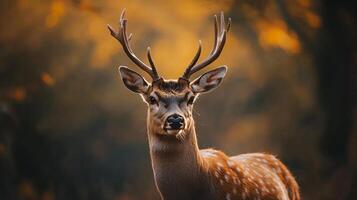 Deer with large antlers stands in a forest. The deer is looking directly at the camera photo
