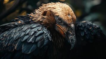 Large eagle with a golden head and black feathers. The bird is looking at the camera. The image has a dark and moody atmosphere photo