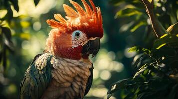 Colorful parrot with a red head is perched on a tree branch. The bird's bright colors and unique appearance make it stand out in the lush green forest photo