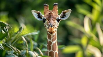 Giraffe is looking at the camera with its head tilted. The giraffe is in a green forest with lots of leaves and branches photo