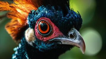 Bird with a red eye and orange feathers. The bird is looking at the camera. The image has a warm and inviting mood photo