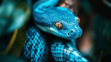 Blue snake with yellow eyes is shown in a green leafy environment. The snake is the main focus of the image, and its bright blue color stands out against the green background photo
