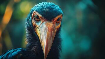 Bird with a black beak and yellow eyes. The bird is looking at the camera photo