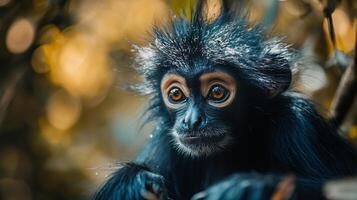 Baby monkey with a black and white face and a black and white mane. The monkey is looking at the camera photo