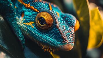 Colorful lizard with a yellow eye is sitting on a leaf. The lizard is surrounded by green leaves and has a bright blue and yellow pattern on its body photo