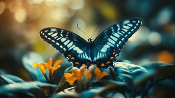 Butterfly is sitting on a flower. The butterfly is blue and white. The flower is yellow photo