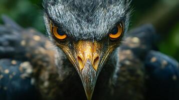 Bird with an angry expression on its face. The bird's eyes are open wide and its beak is pointed photo