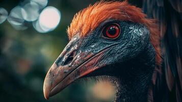 Bird with a red beak and red eyes. The bird is looking at the camera photo