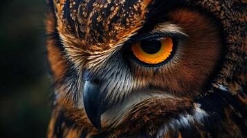 Close up of an owl's face with a yellow eye. The owl's face is the main focus of the image, and it is looking directly at the viewer. The image has a warm and inviting mood photo
