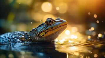 Frog is swimming in a pond with a bright yellow and black pattern. The water is rippling and the sun is shining on the scene photo