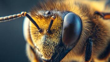 Close up of a bee's face with a fuzzy texture. The bee's eyes are large and prominent, and the overall mood of the image is warm and inviting photo