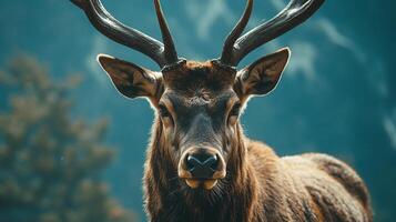 Deer with its head held high and looking straight ahead. The image has a calm and peaceful mood photo