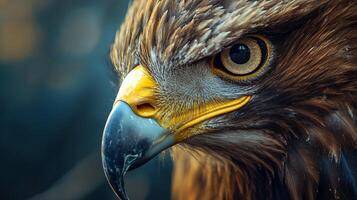Close up of a bird's face with a yellow beak. The bird's eyes are open and staring at the camera photo