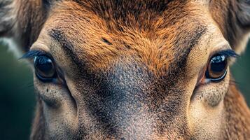 Close up of a deer's face with its eyes open. The deer's eyes are large and brown, and the fur around its face is brown and fuzzy. Concept of curiosity and alertness photo