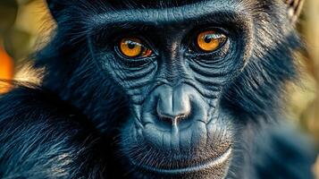 Baby monkey with a black face and orange eyes. The monkey is looking at the camera. The image has a playful and curious mood photo