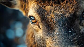 Close up of a deer's face with a brown nose and brown eyes. The eyes are open and staring at the camera photo