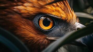 Close up of a bird's eye with a brown and orange color. The eye is large and prominent, and the bird is looking directly at the camera. Concept of curiosity and intensity photo