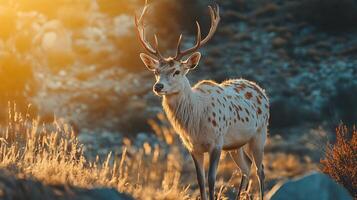 Deer stands in a field with its head down. The deer is white with brown spots. The sun is shining on the deer, making it look like it's wet photo