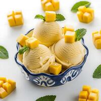 Three scoops of ice cream with mango chunks photo