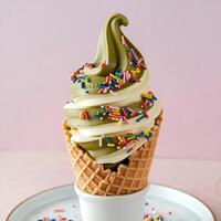 An ice cream cone with green and white frosting photo
