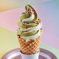 A waffle cone with green ice cream on top photo