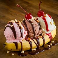 A banana split with ice cream, cherries and chocolate syrup photo