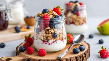 Yogurt with berries and granola in a jar photo