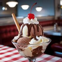 A sundae with ice cream, whipped cream, and chocolate syrup photo