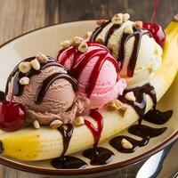 A banana split with ice cream, cherries and chocolate syrup photo