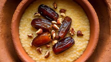 Powdered dates and nuts in a clay bowl photo