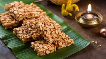 A plate of nuts and nuts sitting on a banana leaf photo