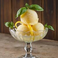 Three scoops of ice cream with lemon and basil leaves photo