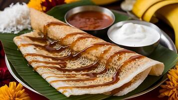A plate with a banana and a crepe on it photo