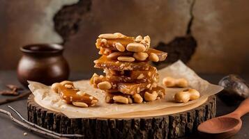 A pile of nuts and caramel on a wooden table photo