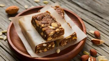 Nutty peanut butter bars on a wooden plate photo