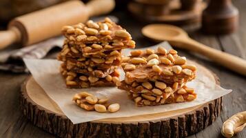 Peanut brittle on a wooden table with wooden spoons photo