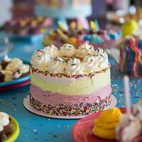 A colorful table with a cake and other desserts photo