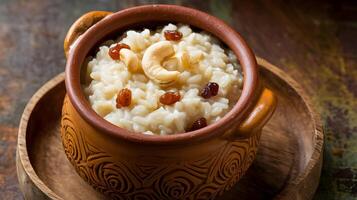 Rice pudding with raisins and nuts in a brown clay pot photo