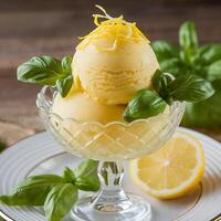 A bowl of ice cream with lemon slices and basil leaves photo