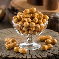 A glass bowl filled with peanuts on a wooden table photo