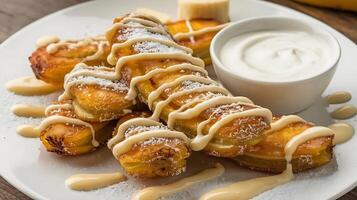 Banana bread with cream sauce and bananas photo