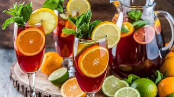 A pitcher of sangria with oranges, lemons and mint photo