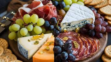 A platter of cheese, grapes, and meats photo