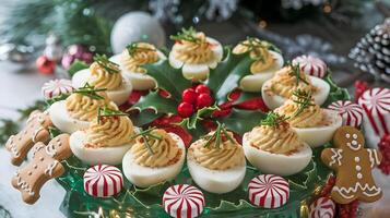A plate of deviled eggs with candy canes and gingerbread photo