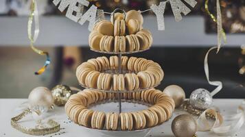A three tiered cake with macarons on top photo